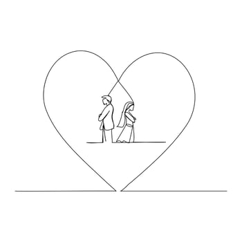 One continuous line drawing of loving couple heart vector
