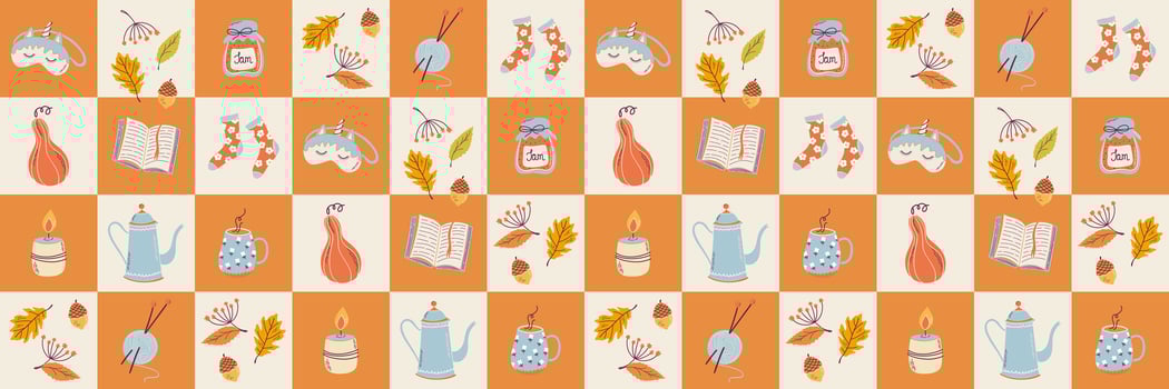 Geometric Autumn cozy elements seamless pattern. Hygge style checkered print. Patchwork. Cute fall background. Hand drawn flat design illustration. vector
