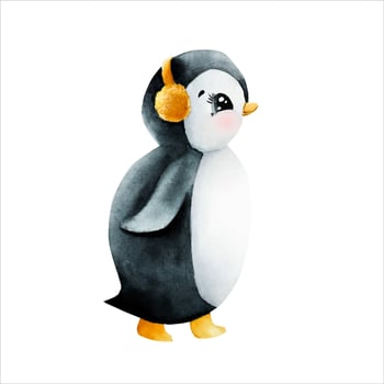Cute smiling penguin wearing yellow earmuffs. Christmas north animal, watercolor hand painted illustration isolated on background. For designers, decoration, shop, for postcards, wrapping paper, vector