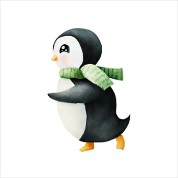Cute smiling penguin wearing a green scarf. Christmas north animal, watercolor hand painted illustration isolated on background. For designers, decoration, shop, for postcards, wrapping paper, c vector