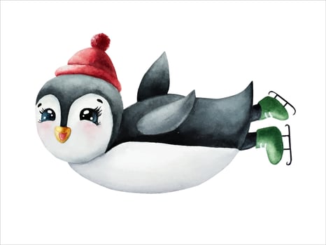 Cute smiling penguin wearing red cap and skates on his stomach. Christmas north animal, watercolor hand painted illustration isolated on background. For designers, decoration, shop, for post vector