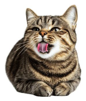Playful tabby cat licking its lips indoors png