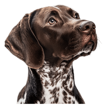 Curious brown and white dog looking upward indoors png