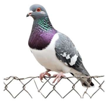 Colorful pigeon perched on a chain link fence png