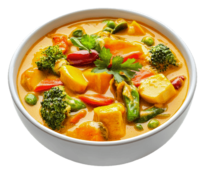 Colorful vegetable curry served in a white bowl png