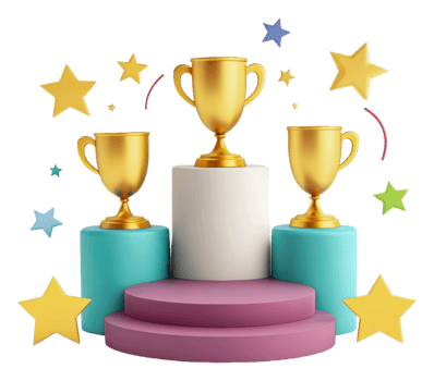 Golden trophies on a colorful podium with stars png