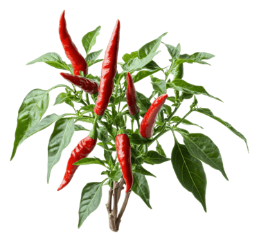 Bright red chili peppers growing on a green plant png