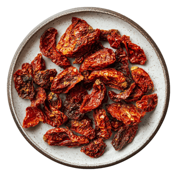 Dried tomatoes on a rustic plate in natural light png