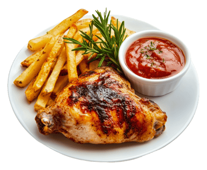 Grilled chicken, fries, and marinara png