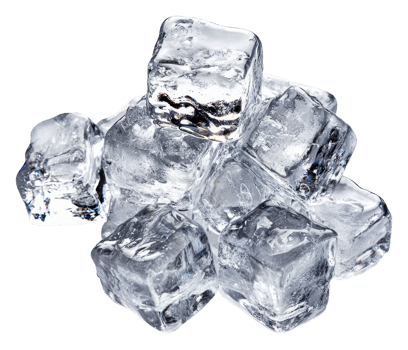Clear ice cubes piled together on a white surface png