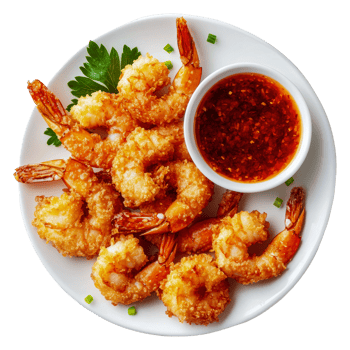 Crispy fried shrimp served with dipping sauce png