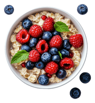 Healthy oatmeal topped with fresh berries in bowl png