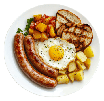 Tasty breakfast eggs, sausage, toast png