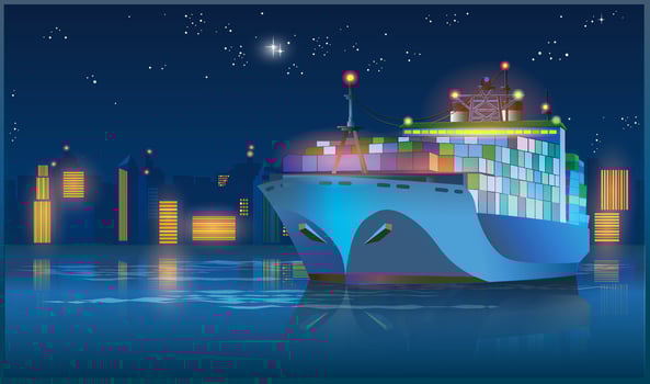 Large cargo ship leaving the harbor with cargo at night vector