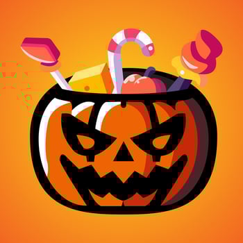 Halloween pumpkin basket full of candies and sweets. vector
