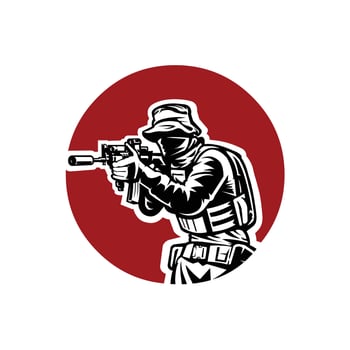 Special Military Army Soldier in Jungle Hat Holding Riffle Machine Gun Ready to Action Design Illustration vector