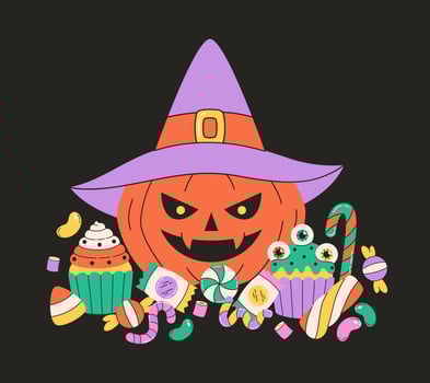 Pumpkin with creepy sweets and candies. Happy Halloween, Trick or treat. vector