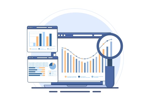analytics and monitoring concept with web reporting dashboard, and data analytics research for business financial planning. Flat illustration design in the background. vector