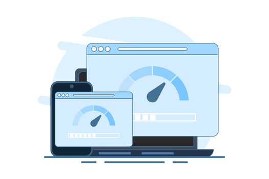 Internet speed concept. Smartphone, laptop and computer with internet connection speed test on screen, internet download speed and network performance. vector