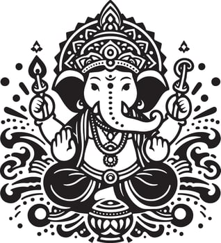 Simple 2D depiction of Lord Ganapati in black and white, designed with a minimalistic approach for Ganesh Chaturthi. vector