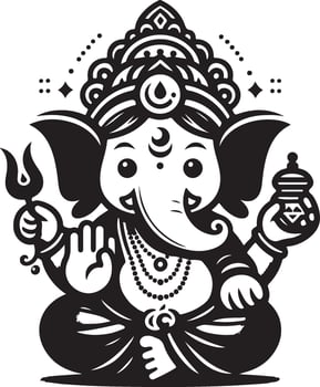 A low-detail black and white 2D illustration of Lord Ganesh, focusing on a clean and simple silhouette for the festival. vector