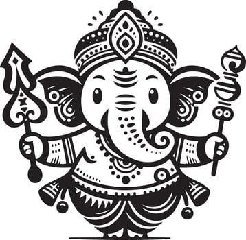 A simple and charming black and white 2D illustration of Lord Ganapati, featuring minimal details for Ganesh Chaturthi. vector