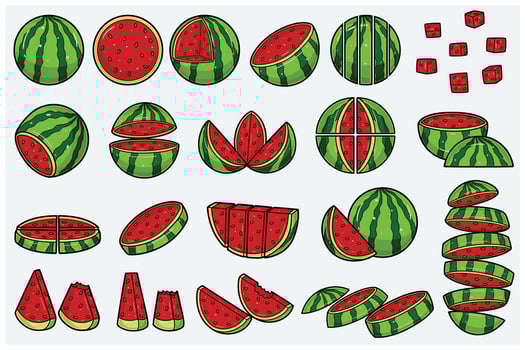 Watermelon fruits cartoon set with slice, half, cutting and different pose. Design elements for backdrop, pattern, wallpaper, label, flavor, strain and packaging. vector