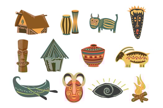Set of household items of African tribes, totem, mystical masks, wigwam, canoe, fire, dishes with ornament. Retro icons, illustrations vector