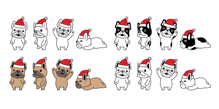 dog french bulldog christmas icon santa claus hat puppy pet cartoon character symbol tattoo stamp scarf illustration clip art isolated design vector