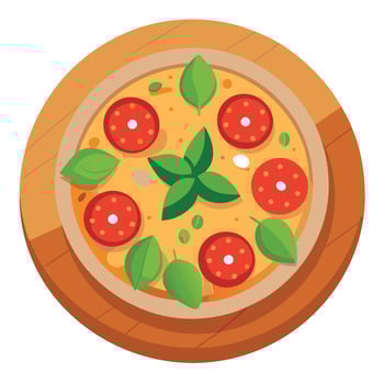A delicious pizza with basil leaves on a wooden board. vector