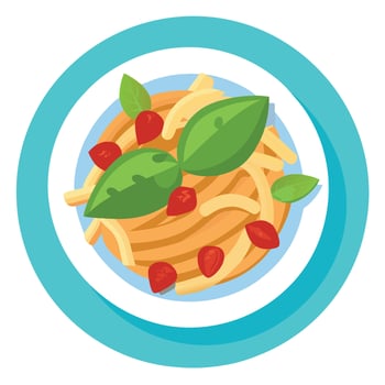 Delicious pasta dish with bacon. basil. and parmesan cheese. vector