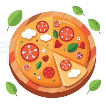Delicious pizza lying on wooden board with ingredients around vector