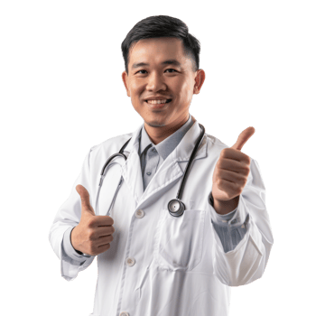 Asian doctor man showing thumb up with stethoscope isolated on transparent background png