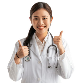 Smiling asian doctor woman with stethoscope showing thumb up isolated on transparent background png