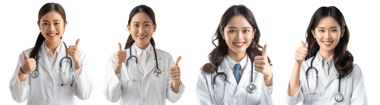 Asian doctor woman with stethoscope showing thumb up isolated on transparent background png