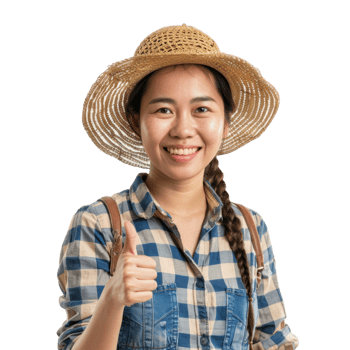 Smiling asian female farmer with thumb up isolated on transparent background png