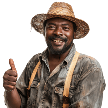 Black farmer man with thumb up isolated on transparent background png