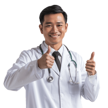 Smiling asian doctor man with stethoscope showing thumb up isolated on transparent background png