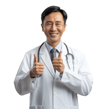 Smiling asian doctor man showing thumb up isolated on transparent background png