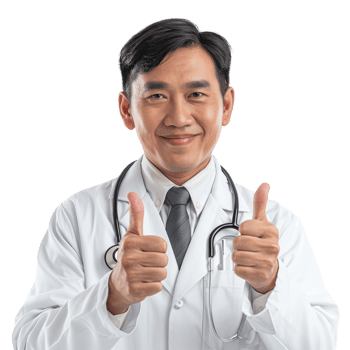 Asian doctor man showing thumb up isolated on transparent background png