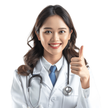 Smiling asian female doctor showing thumb up isolated on transparent background png