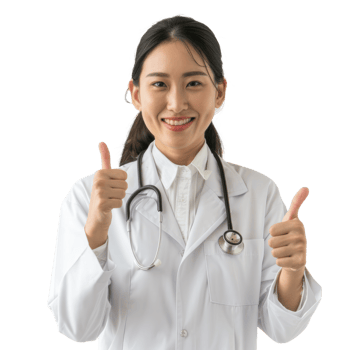 Asian doctor woman showing thumb up isolated on transparent background png