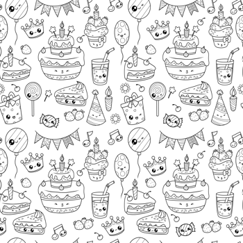 Seamless festive pattern. Holiday cartoon kawaii character. Birthday cake, cupcake, outline drawing png