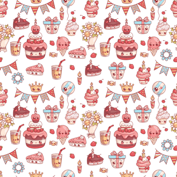 Seamless festive pattern. Holiday cute cartoon kawaii characters. Birthday cake, cupcake png
