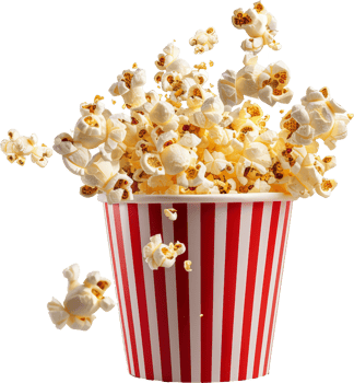 Overflowing popcorn in classic striped container, cut out transparent png