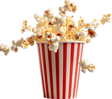 Overflowing popcorn in classic striped container, cut out transparent png