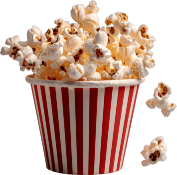 Overflowing popcorn in classic striped container, cut out transparent png