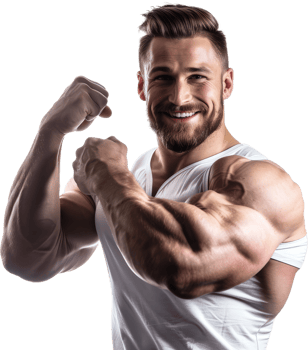 Muscular bodybuilder showing off biceps, cut out transparent png