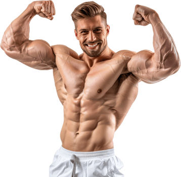 Muscular bodybuilder showing off biceps, cut out transparent png
