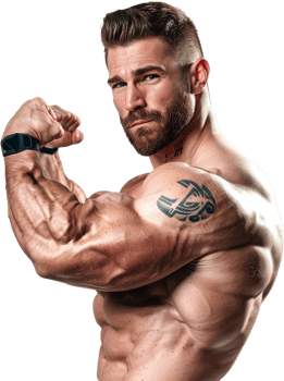 Muscular bodybuilder showing off biceps, cut out transparent png